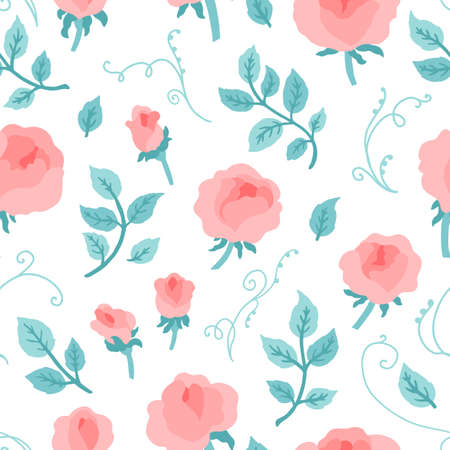 Roses peonies with leaves seamless pattern. Vector hand-drawn illustration isolated on white background. Colorful cute flowers in pastel palette for your design, invitations, wedding decoration, etc.のイラスト素材