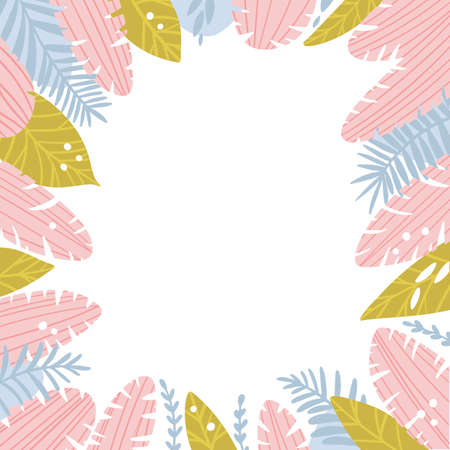 Tropical leaves frame in pastel colors. Vector cartoon illustration of palm leaves and branches perfect for your photo or text. Cute hand-drawn plants isolated on white background.のイラスト素材