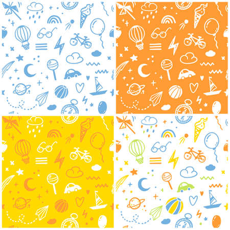Doodle sketch boy seamless patterns set. Cute colorful childish hand-drawn illustrations in a simple style. ideal for modern prints, baby textiles, fabrics, wallpapers, packaging.のイラスト素材