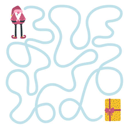 Christmas maze track game. Help Santa find a gift. Board game for child development. Fun holidays. Vector hand-drawn cartoon illustrations in simple style. Pink palette.のイラスト素材
