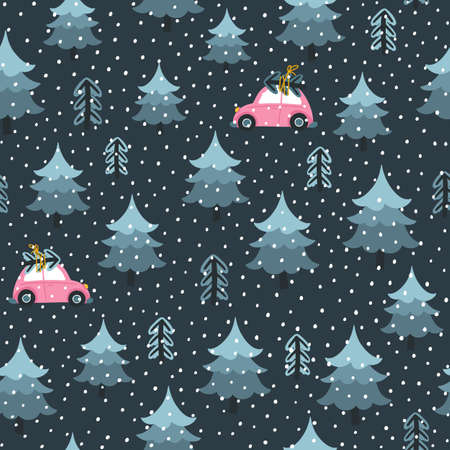 Christmas tree and toy car at night. Seamless pattern. Vector illustration in a childish hand-drawn...