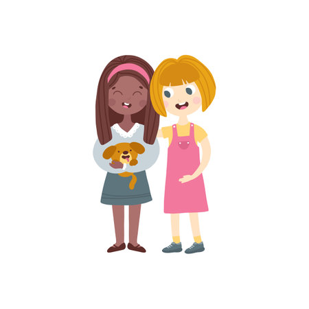 Friends. The girl gives her friend a puppy for her birthday. Cute childish illustration in simple hand drawn cartoon style. Vector isolate on a white background.のイラスト素材