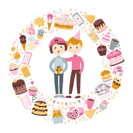 Boy gives a friend a box with a birthday present. A circle made of festive elements. Friendly postcard. Cute baby illustrations in simple hand drawn cartoon style. Isolate on a white background.のイラスト素材