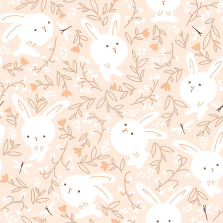 White rabbits in summer flowers and grasses with dragonflies seamless pattern. Cute characters. Baby cartoon vector in simple hand-drawn Scandinavian style. Nursery illustration on beige background.のイラスト素材