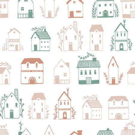 Scandinavian houses seamless pattern. Vector hand-drawn illustration of a building in a simple childish cartoon style. Cute sketch drawing in a limited pastel palette on a white background.のイラスト素材