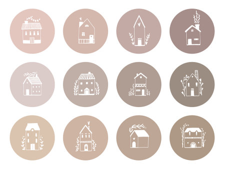 Highlights Covers. Scandinavian houses set. Vector hand drawn illustration of buildings in a cartoon style. Cute white sketch on a background of pastel nude shades for an account on social networks.のイラスト素材
