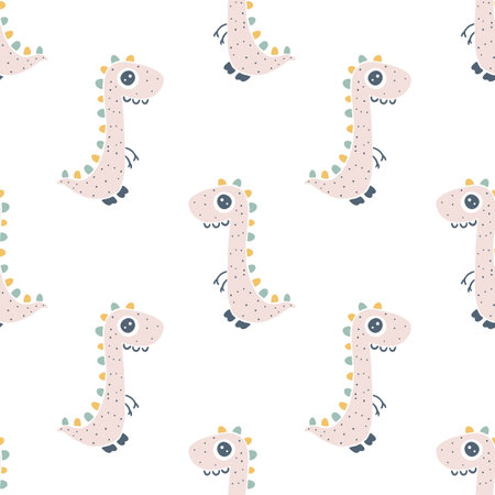 Dinosaur seamless pattern. Hand drawn cartoon dino characters with big eyes in simple scandinavian linocut style. vector illustration. Trendy pastel gender neutral palette on a white backgroundのイラスト素材