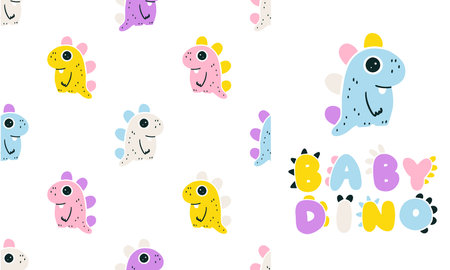Girly dinosaur seamless pattern. Hand drawn cartoon dino characters with big eyes in simple scandinavian linocut style. vector illustration. Trendy colorful pink palette on a white backgroundのイラスト素材