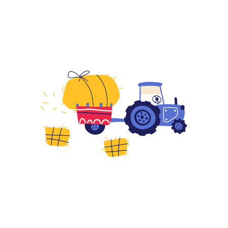 A tractor with a hay bale. Composition in hand-drawn cartoon Scandinavian doodle style. The colorful limited palette is ideal for printing. Vector isolate on white background.のイラスト素材