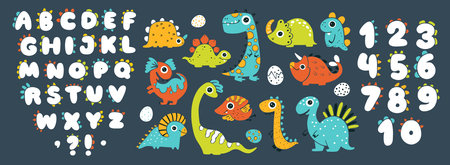 Dino collection with alphabet and numbers. Funny comic font in simple hand-drawn cartoon style. Various dinosaur characters. Colorful isolated doodles on a white backgroundのイラスト素材