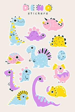 Set of Dino baby stickers. A collection of girly cute colorful dinosaurs in a simple childish drawn style. Isolated vector symbols with clipping path. Limited palette in pink colorsのイラスト素材