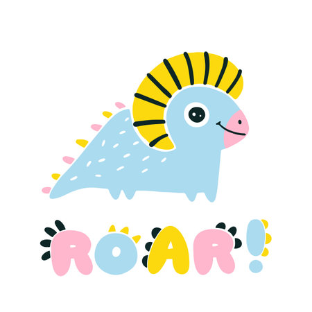 Girl Dinosaur vector illustration in flat cartoon scandinavian style with ROAR lettering. Childish design for birthday invitation or baby shower, poster, clothing, nursery wall art and cardのイラスト素材