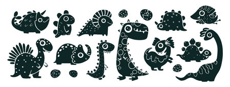 Dino baby set black linocut. A collection of cute monochrome dinosaurs in a simple childish hand-drawn style. Isolated vector characters on a white background.のイラスト素材