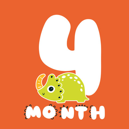 Dinosaur with number four. Color cute card character illustration. Hand drawn cute dino sticker on colored background. Perfect for celebrating a birthday, a month of ageのイラスト素材