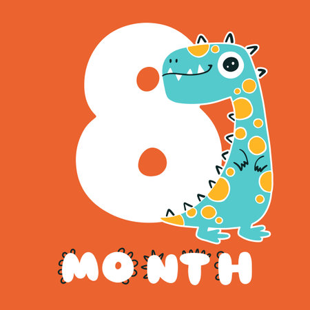 Dinosaur with number eight. Color cute card character illustration. Hand drawn cute dino sticker on colored background. Perfect for celebrating a birthday, a month of ageのイラスト素材
