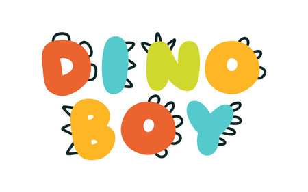 Dinosaur lettering. Dino boy. Vector illustration in cartoon Scandinavian style. Childish design for birthday invitation or baby shower, poster, clothing, nursery wall art, and cardのイラスト素材
