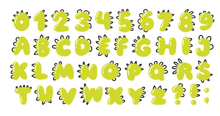 Dino alphabet and numbers. Funny comic font in the style of a simple hand-drawn cartoon with manes of dinosaurs, dragons or monsters. Green isolated doodles on a white backgroundのイラスト素材