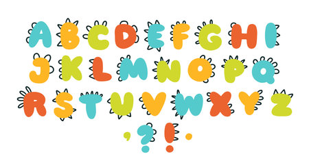 Dino alphabet. Funny comic font in the style of a simple hand-drawn cartoon with manes of dinosaurs, dragons or monsters. Colored isolated doodles on a white backgroundのイラスト素材