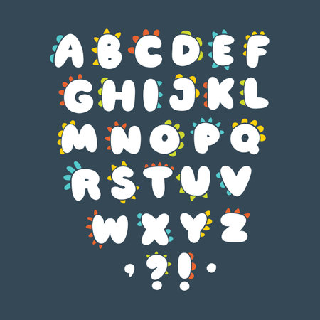 Dino linocut alphabet. Funny comic font in the style of a simple hand-drawn cartoon with colored manes of dinosaurs, dragons or monsters. Isolated doodle stamps on dark backgroundのイラスト素材