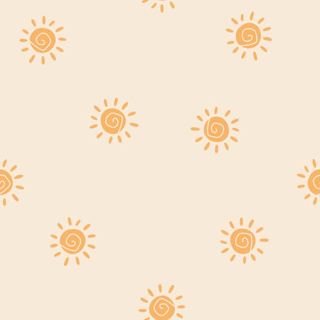 Gentle naive seamless vector pattern with a little sun. Beige background. Gender neutral nursery minimalistic print. Printing on kids bedding, fabrics, textiles, wallpaper, wrapping paperのイラスト素材