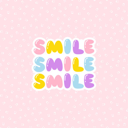 Smile - bubble lettering short slogan quote in cute retro graffiti style. Hand drawn letters with highlights. Comic exclamation die on pastel simple patternのイラスト素材