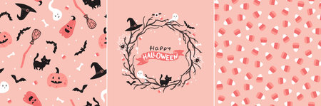 Halloween witch pink set and seamless pattern. Vector childish illustration of magic elements in simple cartoon hand-drawn style. Round frame. The limited palette is ideal for printing.のイラスト素材