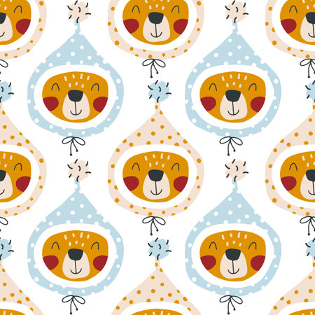 Christmas seamless pattern with a cute winter bear in a funny hat. Vector hand drawn childish doodle in simple scandinavian cartoon style. The limited palette for printing textiles and wrapping paperのイラスト素材