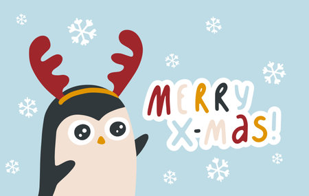 Christmas horizontal postcard banner with penguin in horns. Merry Christmas lettering. Funny cute character in simple hand drawn modern kid style. Vector illustration in limited trend paletteのイラスト素材