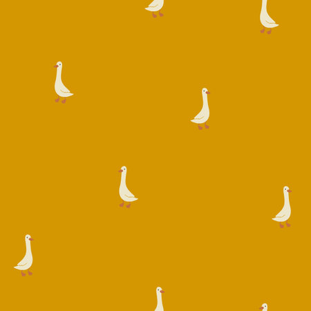 Geese seamless pattern. Funny cute cartoon characters in simple hand-drawn style. Childrens minimalistic vintage print in a limited pastel palette for baby prints. Goose vector on a mustard backgroundのイラスト素材