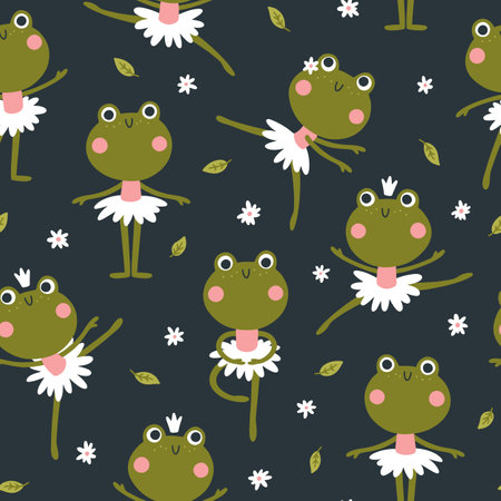 Ballerina frogs seamless pattern. Vector illustration of cute characters in ballet tutus in different poses dancing ballet. Hand-drawn cartoon in a limited palette. Ideal for baby textiles, clothingのイラスト素材
