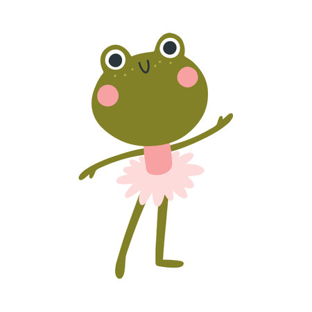 Ballerina frog vector isolate. Cute illustration of a character in a tutu dancing ballet. Hand-drawn cartoon in a limited palette is ideal for printing on baby clothes, postersのイラスト素材