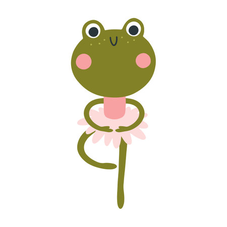 Ballerina frog vector isolate. Cute illustration of a character in a tutu dancing ballet. Hand-drawn cartoon in a limited palette is ideal for printing on baby clothes, postersのイラスト素材