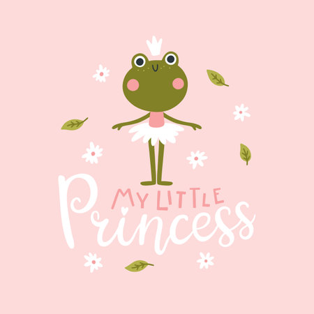Frog ballerina card with lettering. Vector illustration of a cute character in a tutu dancing ballet. Hand-drawn cartoon in a limited palette is ideal for printing on baby clothes, postersのイラスト素材