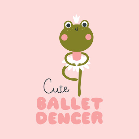 Frog ballerina card with lettering. Vector illustration of a cute character in a tutu dancing ballet. Hand-drawn cartoon in a limited palette is ideal for printing on baby clothes, postersのイラスト素材