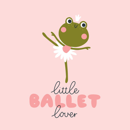 Frog ballerina card with lettering. Vector illustration of a cute character in a tutu dancing ballet. Hand-drawn cartoon in a limited palette is ideal for printing on baby clothes, postersのイラスト素材