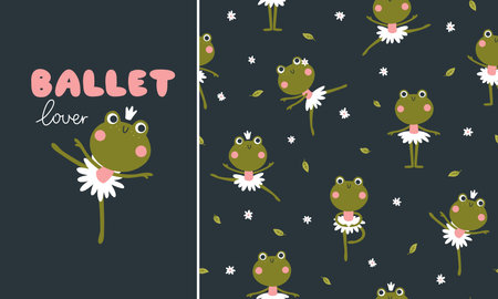 Ballerina frogs set seamless pattern and print. Vector illustration of cute characters in ballet tutus in different poses dancing ballet. The hand-drawn cartoon, perfect for baby textiles and clothesのイラスト素材