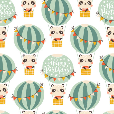 Birthday seamless pattern with cute panda on a balloon with lettering. Vector hand drawn cartoon illustration of festive elements and funny characters. Vintage fun pastel paletteのイラスト素材