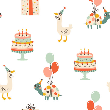 Birthday seamless pattern with cute animals. Vector hand drawn cartoon illustration of festive elements and funny characters. Vintage cheerful pastel palette is perfect for gift wrappingのイラスト素材