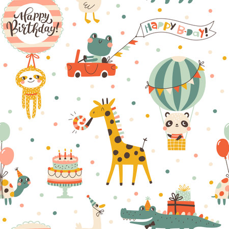 Birthday seamless pattern with cute animals. Vector hand drawn cartoon illustration of festive elements and funny characters. Vintage cheerful pastel palette is perfect for gift wrapping.のイラスト素材