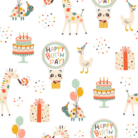 Birthday seamless pattern with cute animals. Vector hand drawn cartoon illustration of festive elements and funny characters. Vintage cheerful pastel palette is perfect for gift wrapping.のイラスト素材