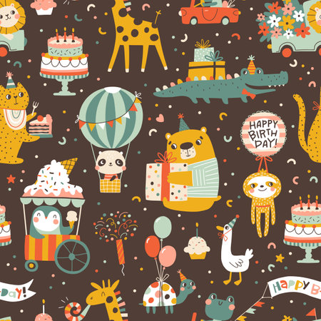 Birthday seamless pattern with cute animals. Vector hand drawn cartoon illustration of festive elements and funny characters. Vintage cheerful pastel palette is perfect for gift wrapping.のイラスト素材