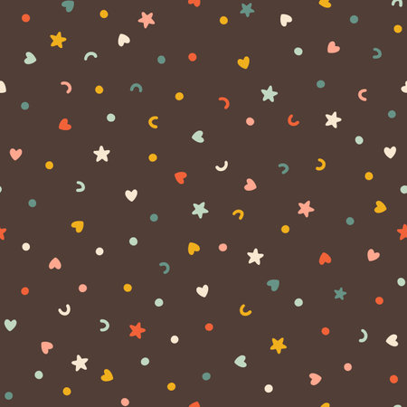 Chaotic confetti seamless pattern. Vector abstract background. Cute simple candy, star, heart and polka dot shapes in a fun vintage palette are perfect for gift wrapping paper.のイラスト素材
