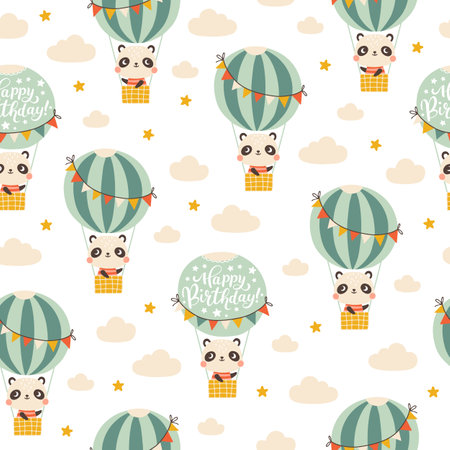 Birthday seamless pattern with cute panda on a balloon with lettering. Vector hand drawn cartoon illustration of festive elements and funny characters. Vintage fun pastel palette.のイラスト素材