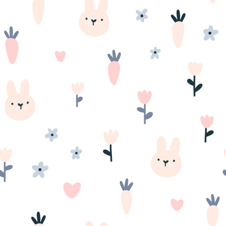 Rabbit seamless pattern. Cute character with wildflowers and carrots. Baby cartoon vector in simple hand-drawn Scandinavian style. Nursery illustration on a pastel paletteのイラスト素材