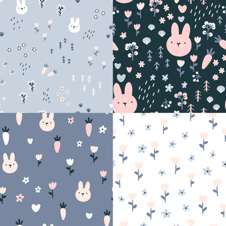 Rabbit seamless pattern set. Cute character with wildflowers and carrots. Baby cartoon vector in simple hand-drawn Scandinavian style. Nursery illustration on a pastel paletteのイラスト素材