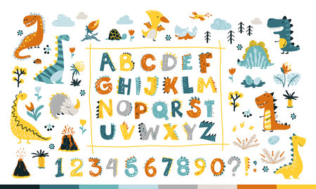 Dino collection with alphabet and numbers. Funny comic font in simple hand drawn cartoon style. Various dinosaur characters. Colorful isolated doodles on a white backgroundのイラスト素材