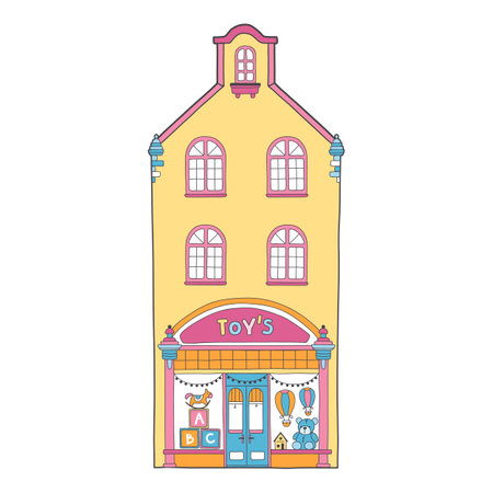 European house. Cute Dutch building with a toy store on the ground floor.Colorful vector illustration in a hand-drawn childish Scandinavian style. Isolate on a white backgroundのイラスト素材