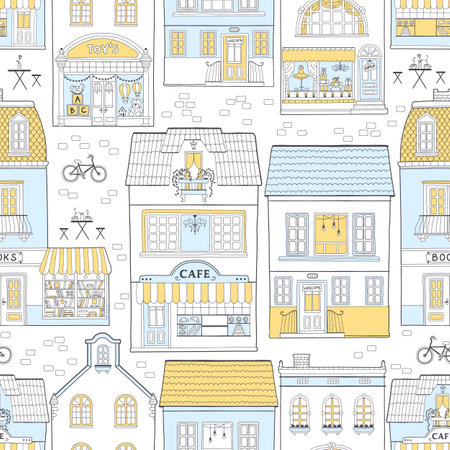 Seamless pattern with European houses. Dutch buildings with shops, bookstore, coffee shop. Colorful vector illustration in a hand-drawn childish style. Traditional architecture of the Netherlands.のイラスト素材