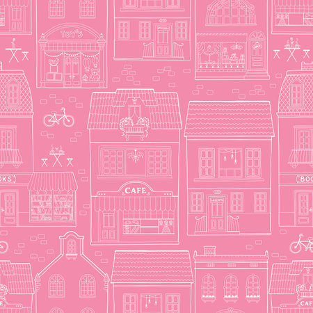 Seamless pattern with European houses. Dutch buildings with shops, bookstores, coffee shops. White outline on a pink background. Monochrome vector sketch illustration in a hand-drawn childish styleのイラスト素材
