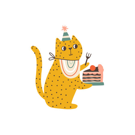 A leopard is a birthday cake piece in a pack. A cute festive cartoon character in a simple childish hand-drawn style. Vector isolate in pastel vintage palette on white background.のイラスト素材
